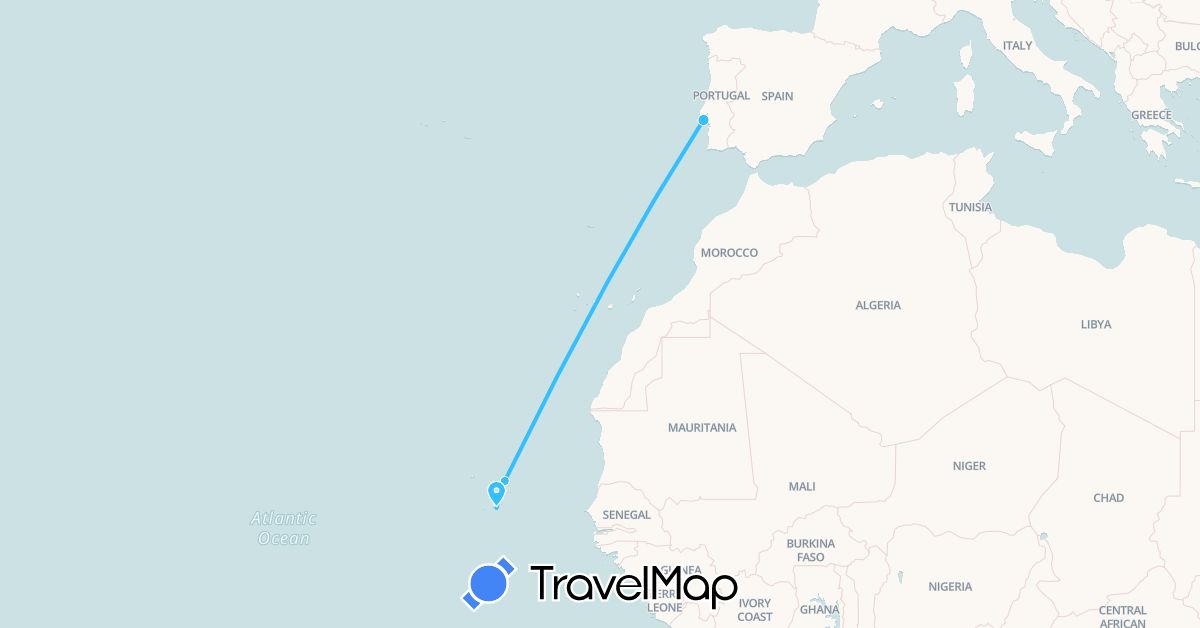TravelMap itinerary: driving, boat in Cape Verde, Portugal (Africa, Europe)